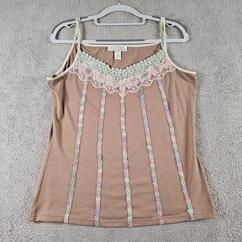 Young Essence Brown Linen Blend Floral Lace Crochet Camisole Top Large Y2K